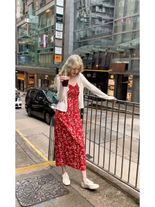 Yoohui QZ221 Long Dress Daster Kekinian Dress Kerut Bali Panjang DressTali Wanita / Dress Tanktop Panjang Semata Kaki Babydoll Panjang / Dress Panjang Kerut Rok Panjang Merah Segar Musim Panas/Gaun Panjang Tanpa Lengan Bergaya Liburan