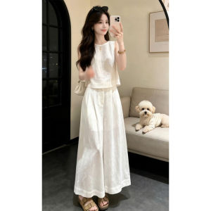 LIRUSHAN | Trendy Summer White Sleeveless Top Wide Leg Pants Set