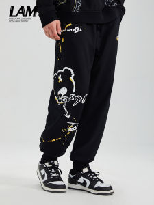 Lamlicka Gold Foil Panda Print Mens Cuffed Long Pants Loose Fit Sporty Casual Trousers Autumn Winter American Style Sweatpants