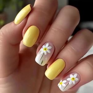 24 Móng Tay Giả Hình Vuông Trung Bình Đến Dài Họa Tiết Hoa Vàng Tối Giản Phong Cách Tươi Mới Chất Liệu ABS Dành Cho Văn Phòng