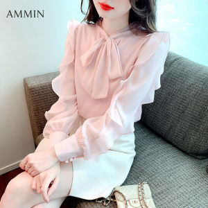 2023 เสื้อชีฟองฟู AMMIN สำหรับผู้หญิงโบว์ วันแขนยาว ใหม่