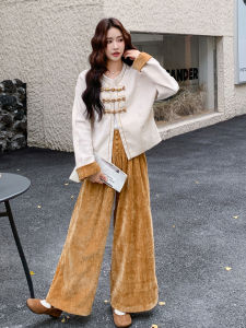 Retro Chinese Style High Waist Wide Leg Pants Set Womens Casual Suit with Buttoned Jacket And Pants Autumn Fashion Set