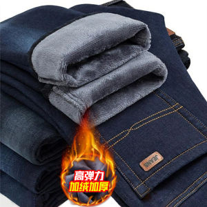 Stretch Fleece-Lined Padded Men Denim Straight-leg Loose Casual plus Size Winter Cotton plus Middle-Aged Pants