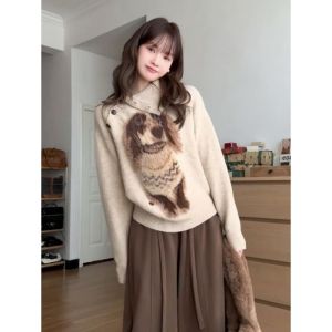Retro Korean Loose Knitted Sweater with Button Collar Slimming Side Shoulder Design Dog Pattern Autumn Winter Fashion for Women