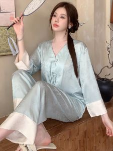 Áo Ngủ Lụa Băng Mùa Hè Cho Nữ Áo Ngủ Dài Tay Quần Dài Mặc Ở Nhà Thoải Mái Thoáng Khí Mùa Xuân Thu Đông