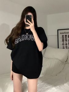 Plus Size Ladies American Retro Lettered Black Plus Size Short Sleeve T-Shirt Womens Ins Trendy Loose Design Hong Kong Style Half Sleeve Tops