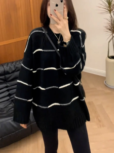 plus Size Womens Striped Vintage Lazy Long Sleeve Knitted Sweater Early Spring Loose Conceal Slimming Inner Wear Top