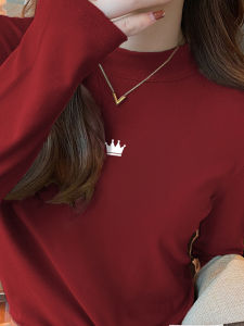 Womens Slim Fit Long Sleeve T-Shirt Half High Collar Velvet Base Shirt Autumn Winter Flocking Inner Wear New 2025 Style