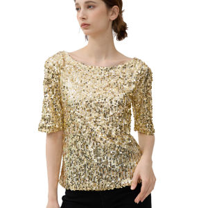 Shiny Sequin Short Sleeve T-shirt Summer Slimming Versatile round Neck Mid-Sleeve Base Shirt