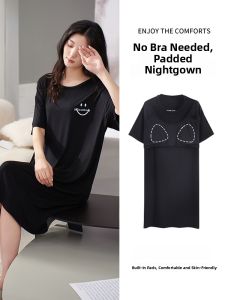 MiiOW | Cat Woman Modal Sleepwear Short Sleeve Home Clothes Black Simple Style Womens Nightgown With Chest Pad Summer New Arrival