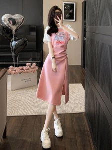French Elegant Slim Fit Split Skirt Summer New Design Sense Waist Cinch Pleated Heavy Embellished Print Dress Cotton round Neck Short Sleeve