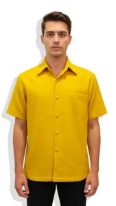 เสื้อซาฟารีชาย ปกเชิ้ต อัดกาวทั้งตัว ผ้าฝ้าย เยื่อไผ่ ใส่ทำงาน ใส่ทีม สีเหลืองทอง ร้านชายเชิ้ต