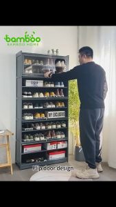 Bamboo Shoe Cabinet Transparent Acrylic Doors Flip-up Door Space-saving 5/9/11 Removable Shelves Multi-layer Large Capacity