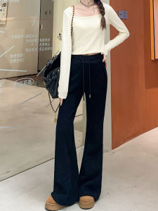 Black Fleece Lined Thick Wide Leg Pants Womens High Waist Flared Trousers Autumn Winter New Style Casual Cotton Blend