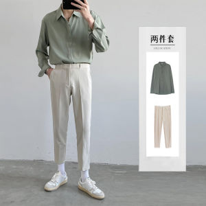 Ice Silk Long Sleeve Mens Shirt Stylish Summer Fashionable Casual Wear Polyester Fabric Cuban Collar Loose Fit Teenager Suitable