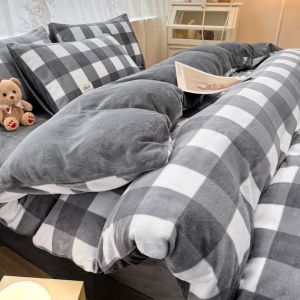 YAOKANG | Thick Milk Flannel Checker Pattern Bed Sheet Set Four Pieces