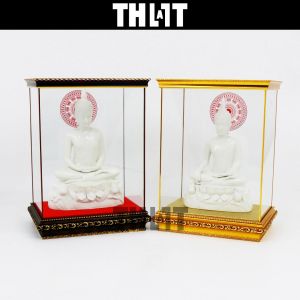 ตู้ครอบพระ ตู้พระ ตู้ใส่พระ ตู้วางพระ ตู้กระจก กรอบบนล่าง กระจกสกรีนธรรมจักรสีแดง Thatisall