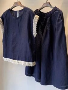 Japanese Fashion Cotton Linen Suit for Women Summer Lace Spliced Plaid Vest Top Wide Leg Pants Skirt Two-Piece Set