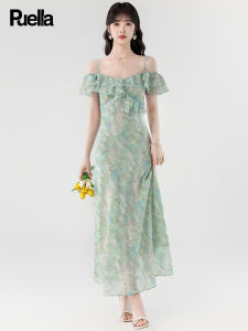 Puella Green One-Shoulder Dress Womens Summer Fashion Elegant Fairy-like First Love Skirt Short Sleeve High Waist Midi Dress