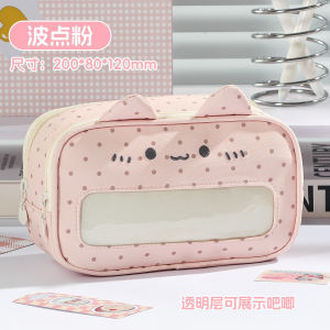 Cute Cat Ear Pencil Case with Transparent Window Large Capacity Polka Dot Pen Bag for Girls School Stationery Organizer
