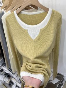 Design Sensation Color Block Long Sleeve Thin Knitted Shirt Womens Early Autumn New Style Base Shirt Top V-neck Regular Fit