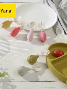 Yana Kamote Baby Silicone Short Handle PPSU Training Fork Spoon 6-12-18 Months Feeding Spoon Childrens Tableware Auxiliary Food Spoon Set
