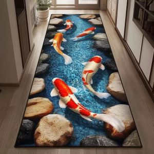 VIKAMA 3D Koi Fish Stone Pond Runner Rug Non Slip Absorbent Long Floor Mat Oriental Lucky Carp Hallway Decor