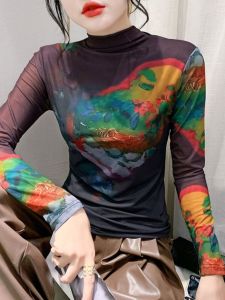 Thời Trang Sành Điệu In Hình Lưới Áo Sơ Mi Cơ Sở Nữ Mùa Thu Mùa Đông Áo Thun Dài Tay Cao Cổ Áo Ôm Vừa Vặn Co Giãn Thời Trang Top