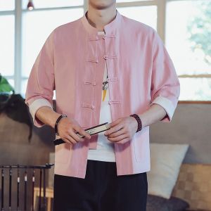 Retro Chinese Style Mens Shirt Cotton Linen Seven-Quarter Sleeve Half Sleeve Hanfu Top Summer Fashion Outerwear Coat