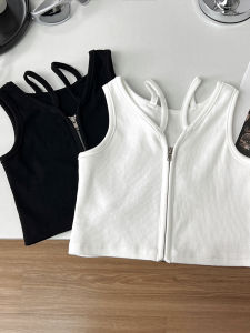 Girls Summer Zipper Neck Knitted Vest Korean Style Fashion Slim Fit Solid Color Sleeveless Vest Trendy Cotton Blend Child Clothing