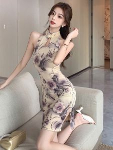 Gege Home Sweet Heat Press Gold Printing Retro Chinese Style Girl Cheongsam Wrap Neck Split Dress Cotton Blend Summer New