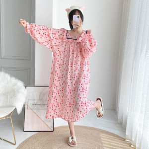 plus Size Pure Cotton Double Layer Sleep Dress Long Sleeve French Style Loose Maternity Nightgown for Heavy Women up to 200 Pounds