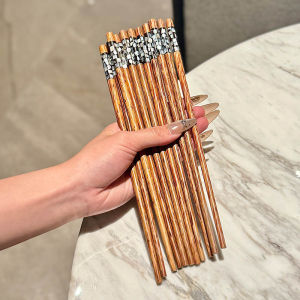 Handmade High-End Chinese Coconut Wood Chopsticks Natural Wood Inlaid Floral Home Use Chopstick Set Vintage Style 25cm