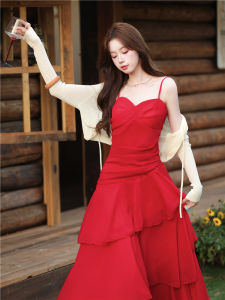 French Vintage Red Halter Dress Summer Beach Vacation Elegant Long Skirt Soft Polyester Fabric High Waist Gauze Edge V Neck a Line