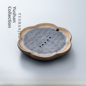 Retro Dry Puff Tea Tray Pot Stand Rust Glaze Gold Plated Ceramic Water Storage Lotus Fragrance Traditional Chinese Style Tea Accessories