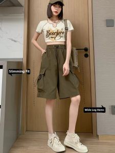 American Style Dopaamine Workwear Shorts Women Summer New Five-Point Loose Wide Leg Casual Sports Pants Retro Pocket Design