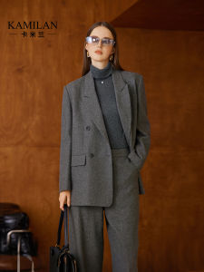 Kamilan Cashmere Womens Deep Grey Woolen Suit Jacket Casual Commute Work Business Style Button Pocket Long Sleeve Coat