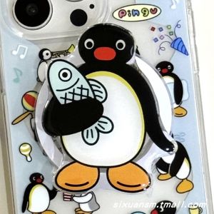Cute Cartoon Pingu Penguin Magsafe Magnetic Absorption Phone Stand Foldable Extendable Rotatable Airbag Shockproof Ring Holder Support Seat