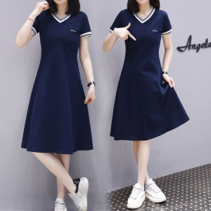 Embroidered Heart Fashion Casual V-neck Dress Womens Summer Sport Pure Cotton A-line Skirt High Waist Short Sleeve Midi Dress