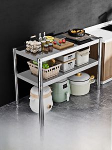 ชั้นวางของในครัวแบบสเตนเลสสตีลสองชั้น ชั้นวางเครื่องปรุงรสแบบอเนกประสงค์ ชั้นวางเตา ชั้นวางหม้อต้มไฟฟ้า