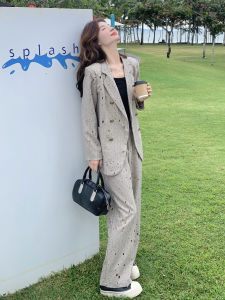 Oatmeal Color Premium Feel Commuter Preppy Style Womens Autumn 2025 Wide Leg Pants Two Piece Suit Set Casual Fashion