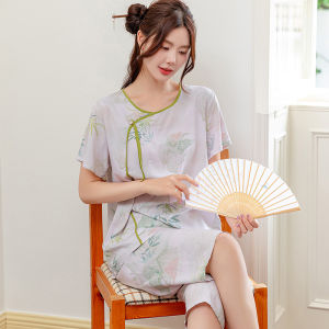 Poplin Pajamas Womens Summer Fancy New Chinese Style Chinese Ancient Style Loose Cotton Silk Home Clothing Middle-Aged and Elderly Mothers Suit