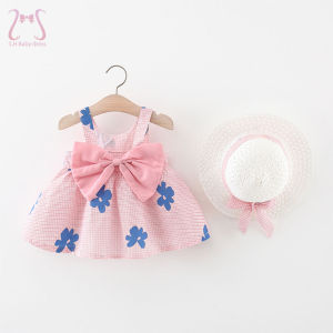 2Pcs/Set Baby Girl Beach Dresses Sweet Flower Plaid Bow Toddler Summer Children Clothes Fashion Kids Wear 0 To 3 Years + Bags