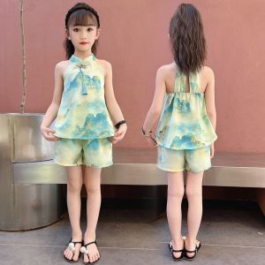 Girls Summer Fashionable Chiffon Outfit Set Mountain Watercolor Print Big Kids Clothes Short Sleeve Top And Pants School Uniform Gift