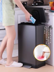 Large Capacity Thickened Stainless Steel Foot Pedal Kitchen Trash Can Living Room Garbage Bin Square Silent Hygienic Bucket