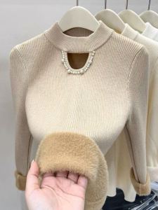 เสื้อสเวตเตอร์ผ้าขนสัตว์ปักลูกปัดหนาแบบมีฮู้ดสำหรับผู้หญิง เสื้อคลุมกันหนาวแบบสวมหัวแขนยาว ทรงตรง ปกติ สีพื้น