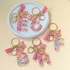 Letter Keychain Fashion Pink Letter Keychain Love Sequins Butterfly Tassel Keychain Crystal Epoxy Key Pendant for Couple Gifts Dreamy Butterfly Initial Keyring Personality Pink Alphabet Key Chain Bag Pendant