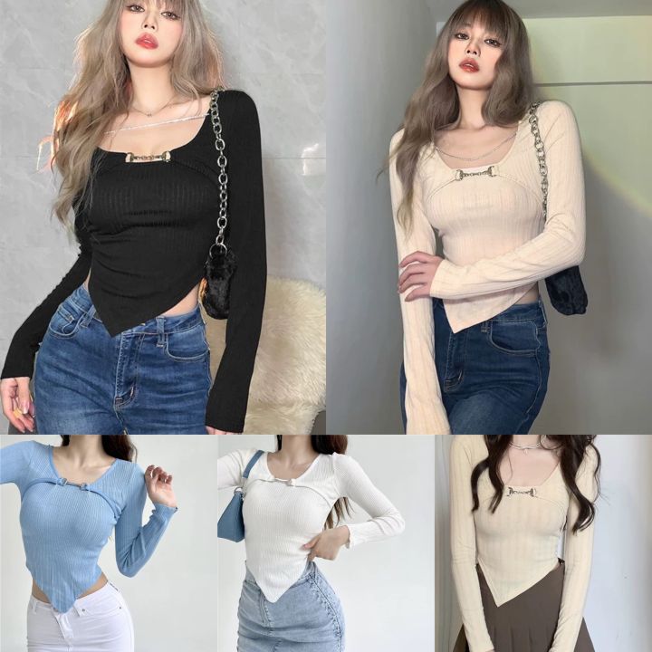 new korean knitted longsleeve crop top /dance top Korean / Summer sun ...