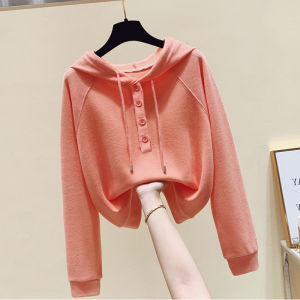 WANGGONGZHU | Spring Autumn Womens Hoodie Short Thin Loose Casual Korean Style Top Coat Letter Pattern Long Sleeve Single Button Closure