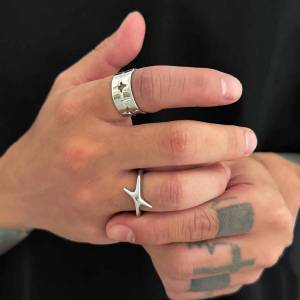 IngeSight.Z Punk Silver Color Cross Star Open Ring Women Men Trendy HipHop Metal Geometric Hollowout Finger Ring Jewelry Gifts